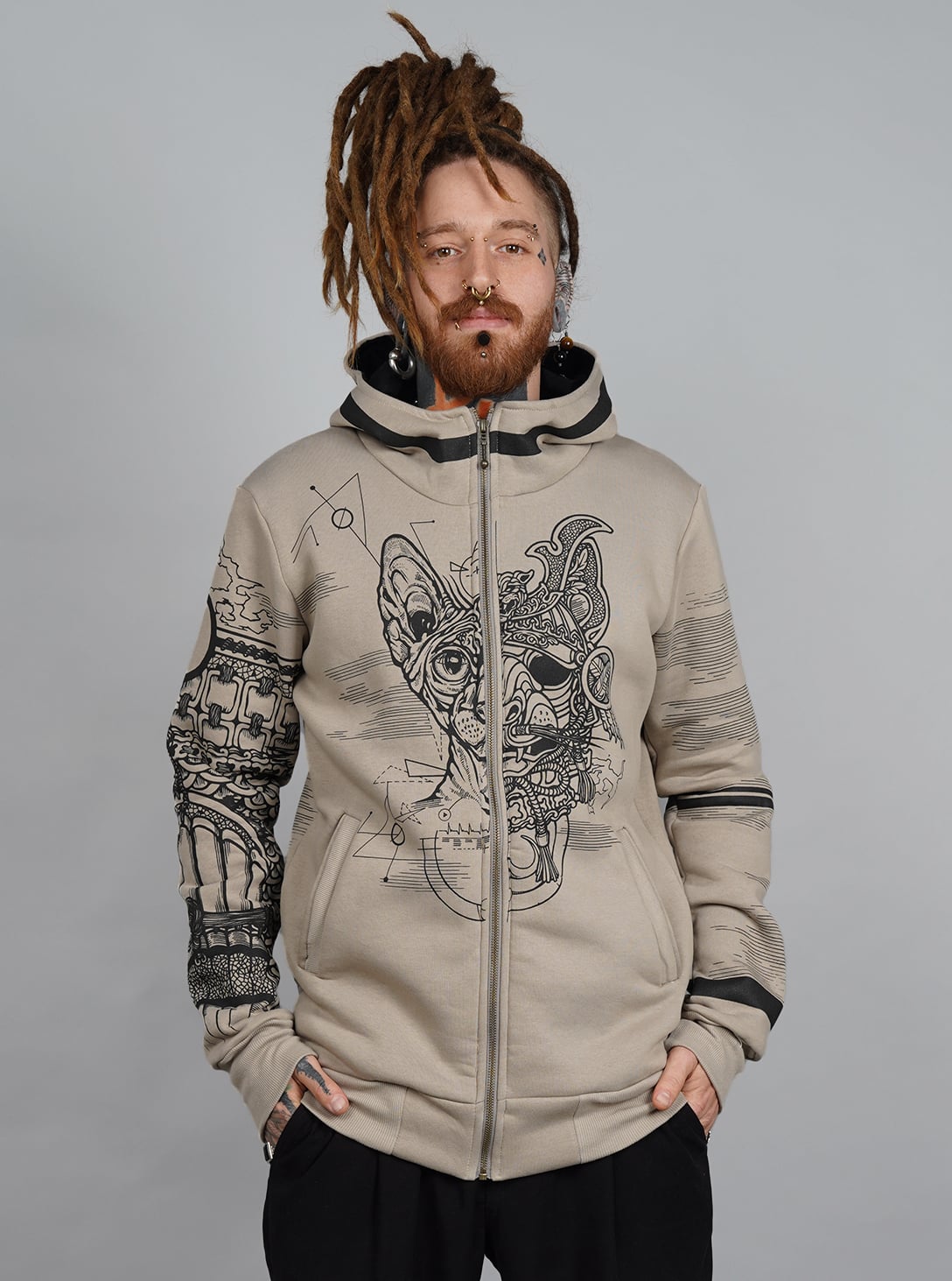 SAMURAI CAT BEIGE M_0007_Layer 2 Samurai Cat HOOD STONE - Image 1