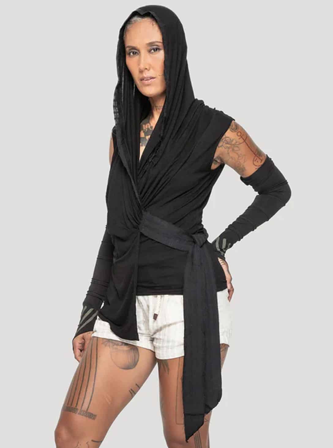 Sorcerer Hooded Wrap Top BLACK_0003_Layer 252 Sorcerer-WOMEN Hooded Wrap Top BLACK - Image 1
